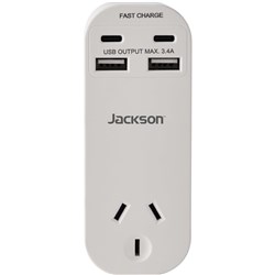 Jackson Fast Charge Adaptor w/ 1 x Power Socket. 2 x USB-A. 2 x USB-C Outlets