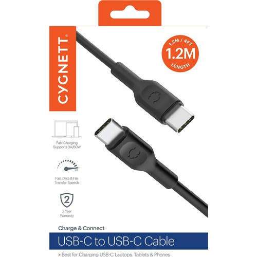 Cygnett Charge & Connect USB-C to USB-C Cable 1.2m (Black)